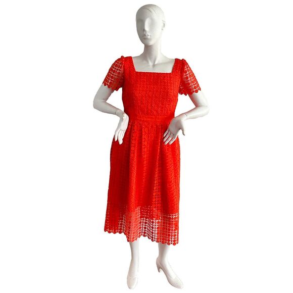 Talbots Lace Square Neck Fit & Flare Dress In Bright Tangerine 10 - Picture 2 of 9